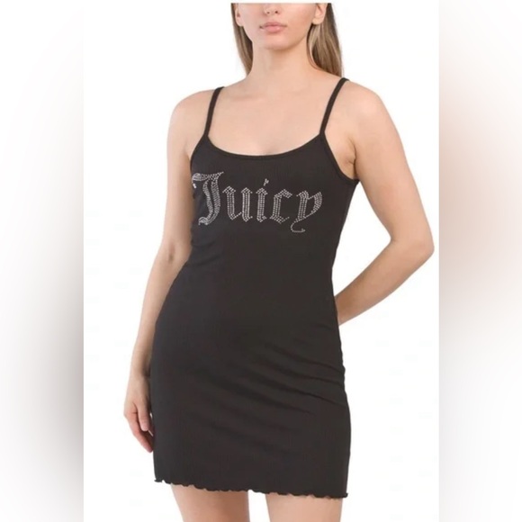 JUICY COUTURE Ribbed Chemise And Robe 2 piece Set /Black Silver Rhinestone Logo - Picture 3 of 5